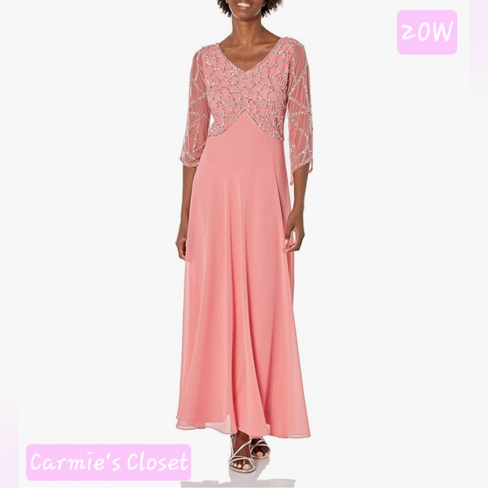 🔥NWT🔥OBO🔥 🟠 J Kara Women's Petite 3/4 Sleeve Geo Beaded Gown 20W